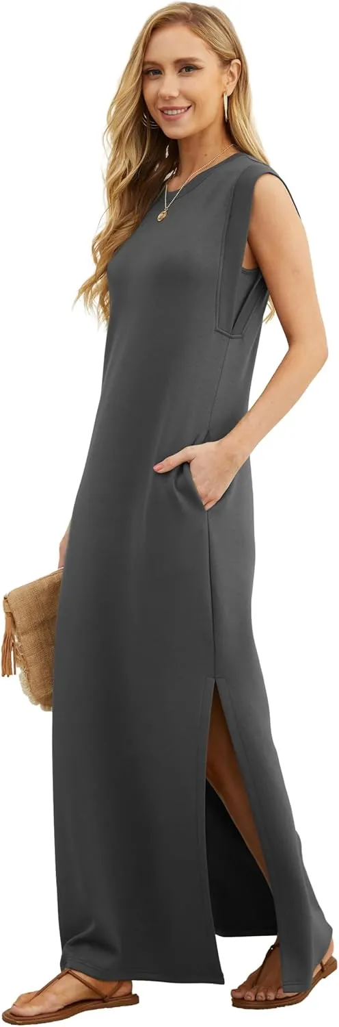 GRECERELLE 2025 Women Summer Round Neck Casual Loose Split Wrinkle-Free Long Maxi Vacation Dress with Pockets (XS-3XL)