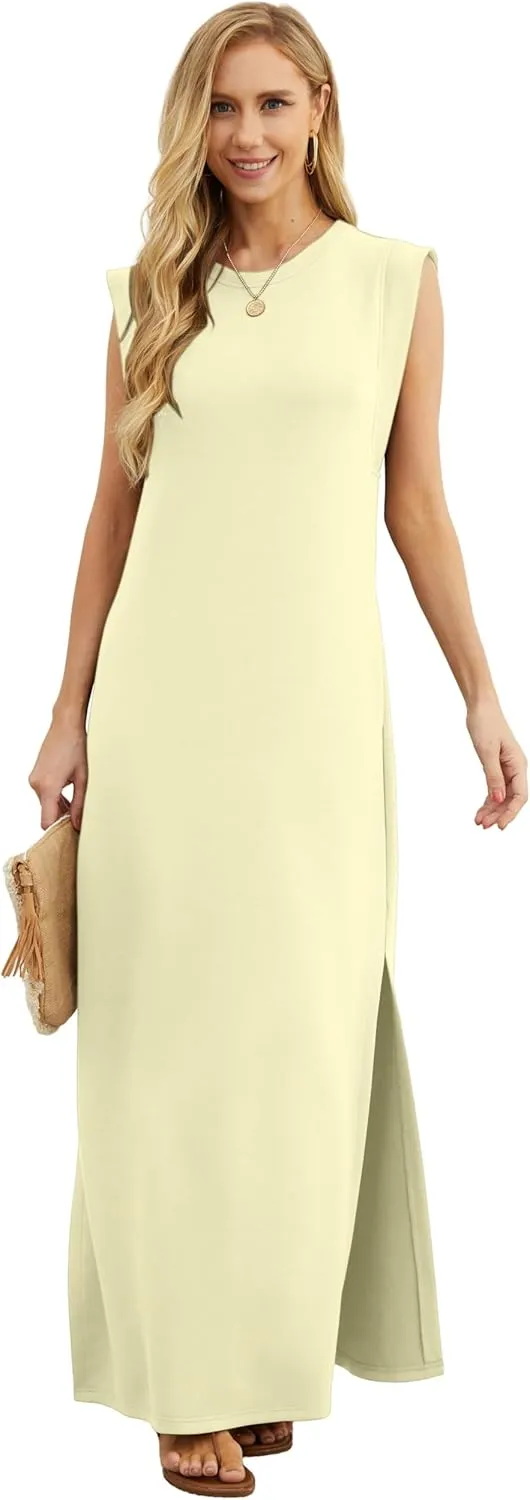 GRECERELLE 2025 Women Summer Round Neck Casual Loose Split Wrinkle-Free Long Maxi Vacation Dress with Pockets (XS-3XL)