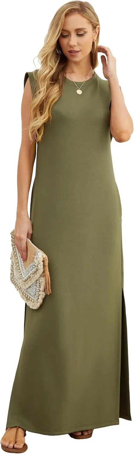 GRECERELLE 2025 Women Summer Round Neck Casual Loose Split Wrinkle-Free Long Maxi Vacation Dress with Pockets (XS-3XL)