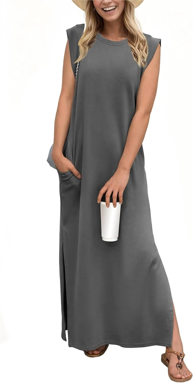 GRECERELLE 2025 Women Summer Round Neck Casual Loose Split Wrinkle-Free Long Maxi Vacation Dress with Pockets (XS-3XL)