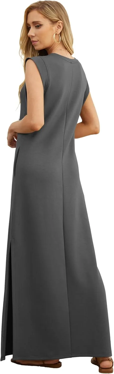 GRECERELLE 2025 Women Summer Round Neck Casual Loose Split Wrinkle-Free Long Maxi Vacation Dress with Pockets (XS-3XL)
