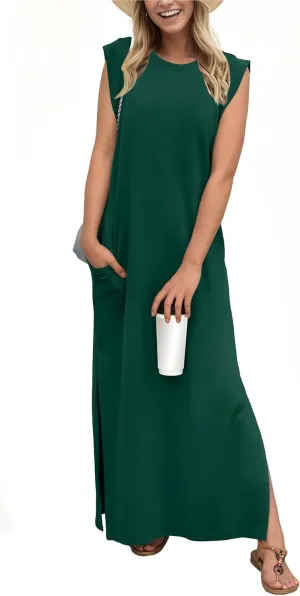GRECERELLE 2025 Women Summer Round Neck Casual Loose Split Wrinkle-Free Long Maxi Vacation Dress with Pockets (XS-3XL)