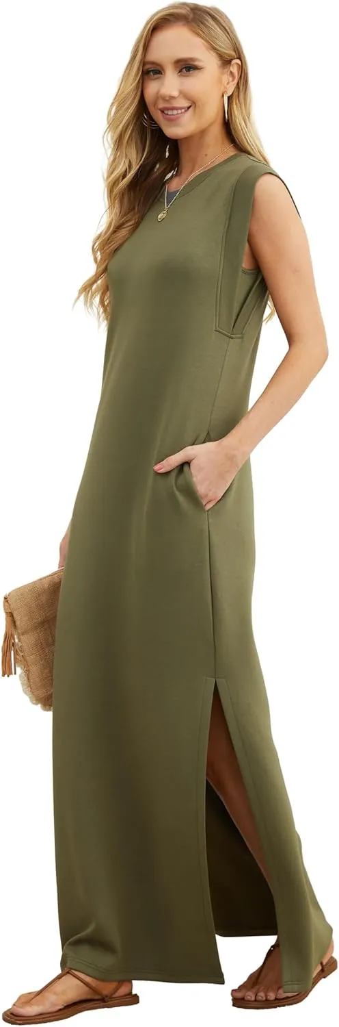 GRECERELLE 2025 Women Summer Round Neck Casual Loose Split Wrinkle-Free Long Maxi Vacation Dress with Pockets (XS-3XL)