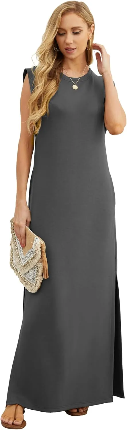 GRECERELLE 2025 Women Summer Round Neck Casual Loose Split Wrinkle-Free Long Maxi Vacation Dress with Pockets (XS-3XL)