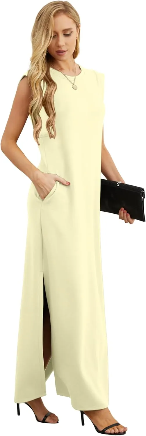 GRECERELLE 2025 Women Summer Round Neck Casual Loose Split Wrinkle-Free Long Maxi Vacation Dress with Pockets (XS-3XL)