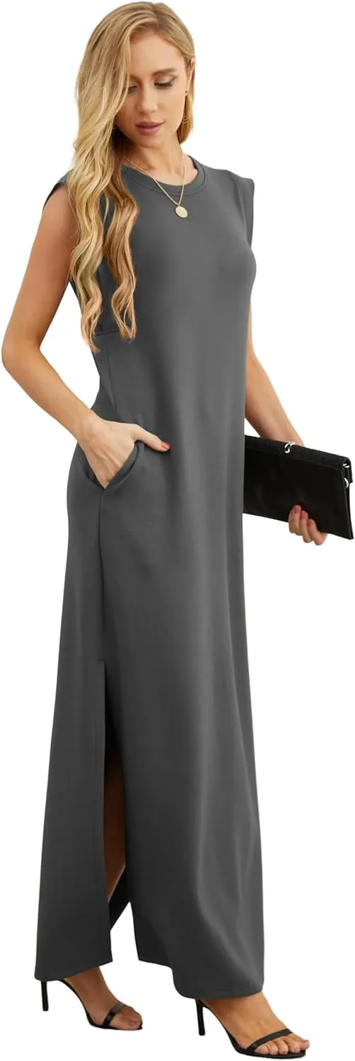 GRECERELLE 2025 Women Summer Round Neck Casual Loose Split Wrinkle-Free Long Maxi Vacation Dress with Pockets (XS-3XL)