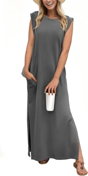 GRECERELLE 2025 Women Summer Round Neck Casual Loose Split Wrinkle-Free Long Maxi Vacation Dress with Pockets (XS-3XL)