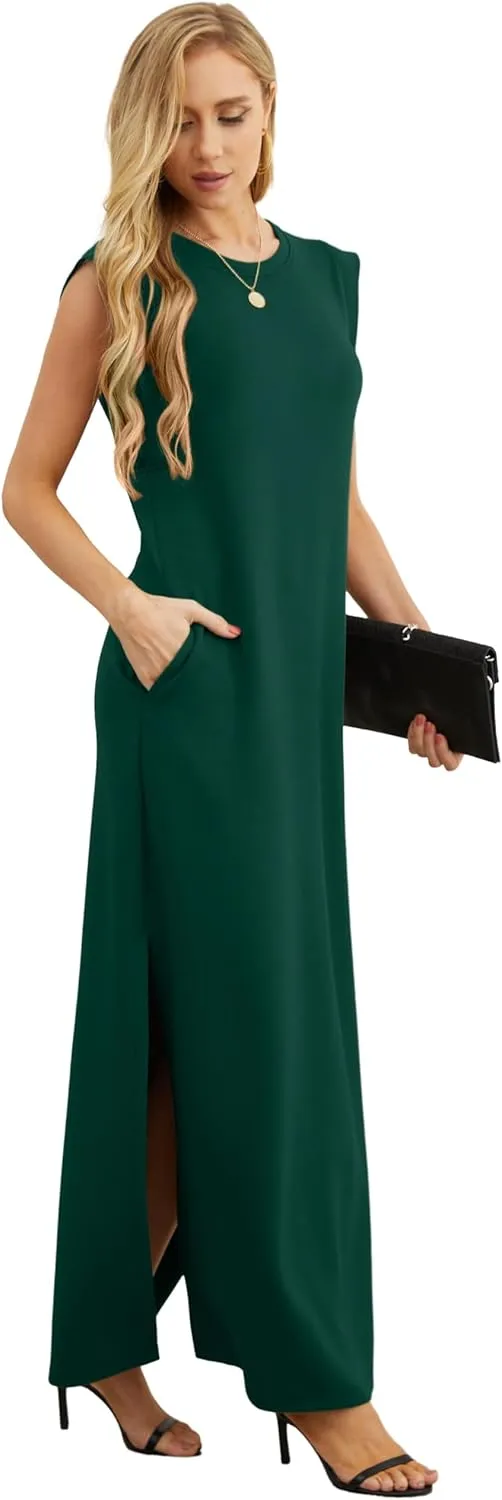 GRECERELLE 2025 Women Summer Round Neck Casual Loose Split Wrinkle-Free Long Maxi Vacation Dress with Pockets (XS-3XL)