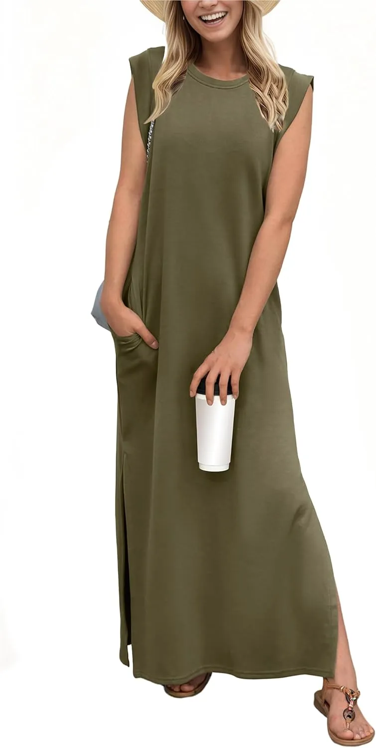 GRECERELLE 2025 Women Summer Round Neck Casual Loose Split Wrinkle-Free Long Maxi Vacation Dress with Pockets (XS-3XL)