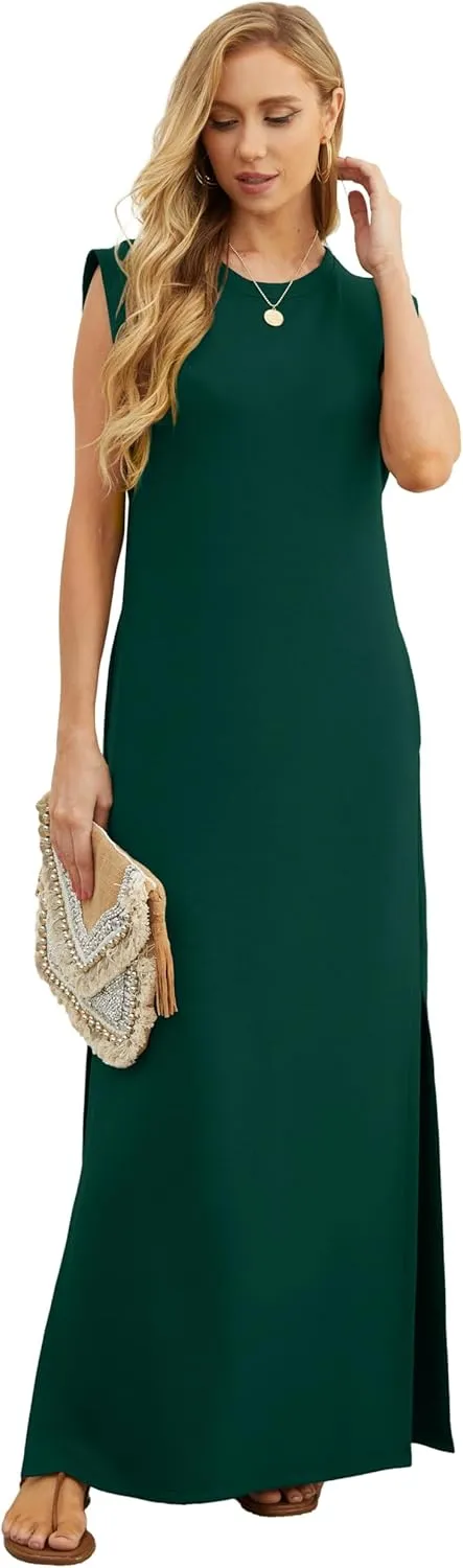 GRECERELLE 2025 Women Summer Round Neck Casual Loose Split Wrinkle-Free Long Maxi Vacation Dress with Pockets (XS-3XL)