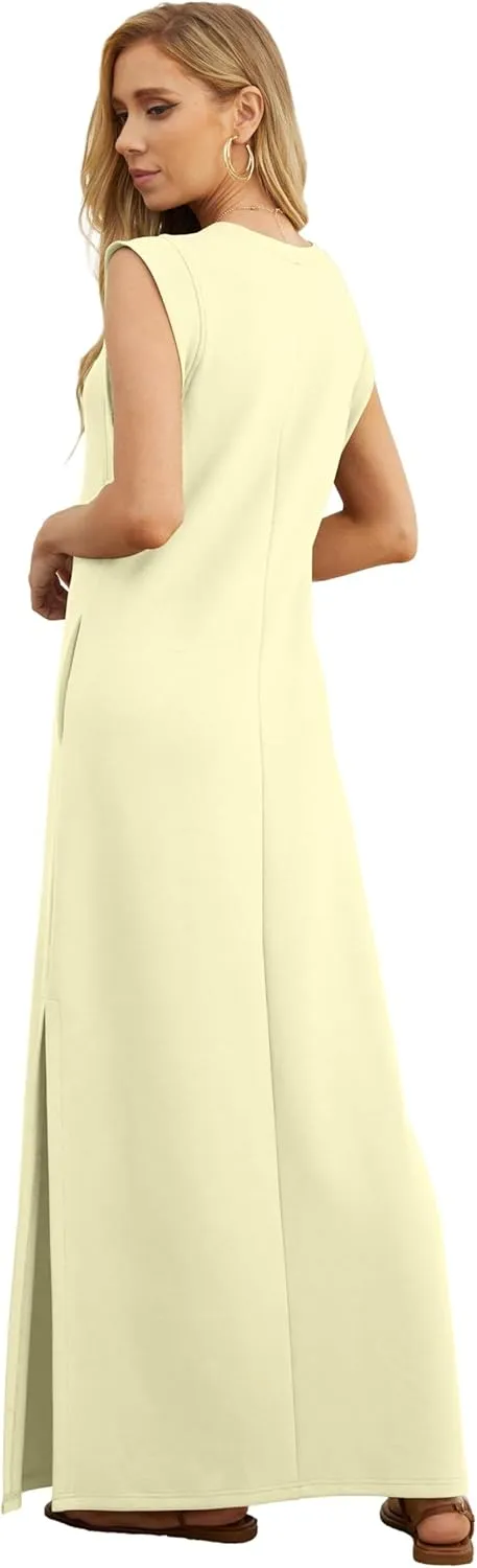 GRECERELLE 2025 Women Summer Round Neck Casual Loose Split Wrinkle-Free Long Maxi Vacation Dress with Pockets (XS-3XL)