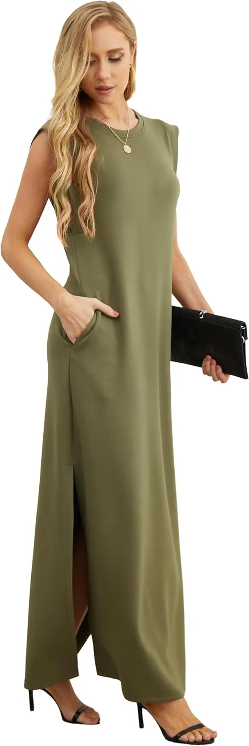 GRECERELLE 2025 Women Summer Round Neck Casual Loose Split Wrinkle-Free Long Maxi Vacation Dress with Pockets (XS-3XL)