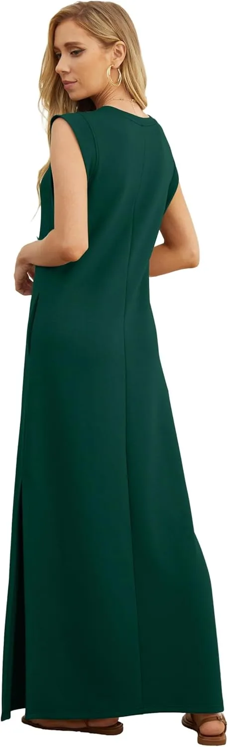 GRECERELLE 2025 Women Summer Round Neck Casual Loose Split Wrinkle-Free Long Maxi Vacation Dress with Pockets (XS-3XL)