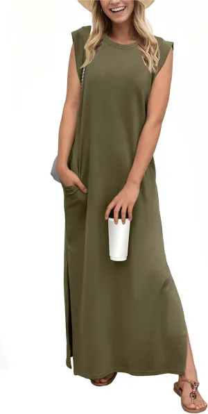 GRECERELLE 2025 Women Summer Round Neck Casual Loose Split Wrinkle-Free Long Maxi Vacation Dress with Pockets (XS-3XL)