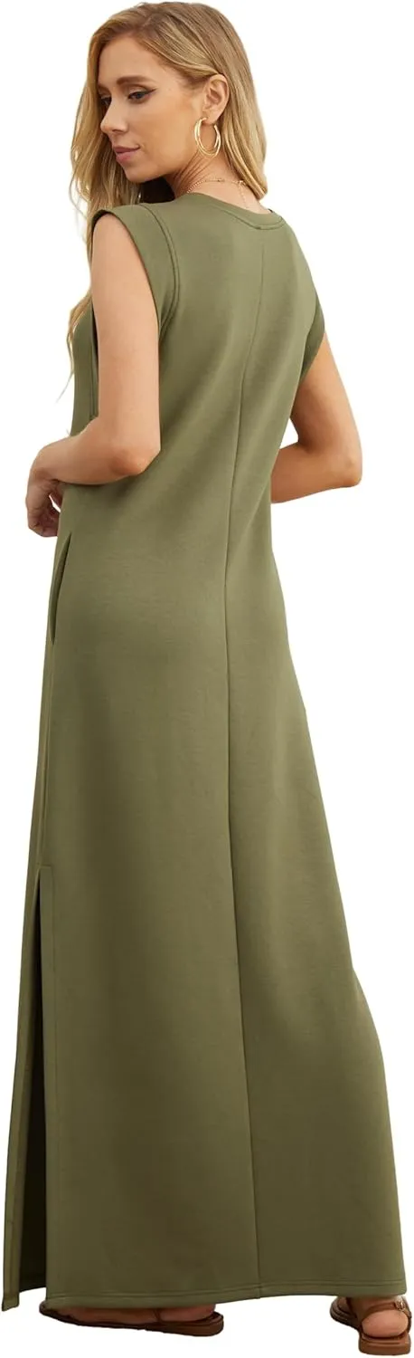GRECERELLE 2025 Women Summer Round Neck Casual Loose Split Wrinkle-Free Long Maxi Vacation Dress with Pockets (XS-3XL)