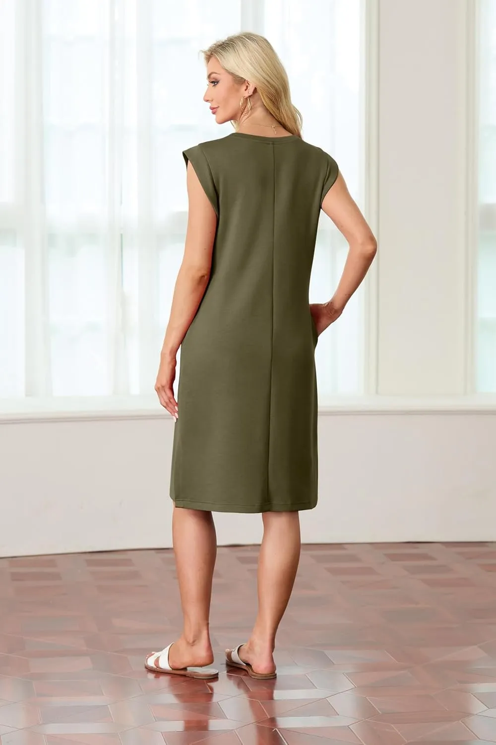 GRECERELLE 2025 Women Summer Round Neck Casual Loose Split Wrinkle-Free Midi Dress with Pockets (XS-3XL)