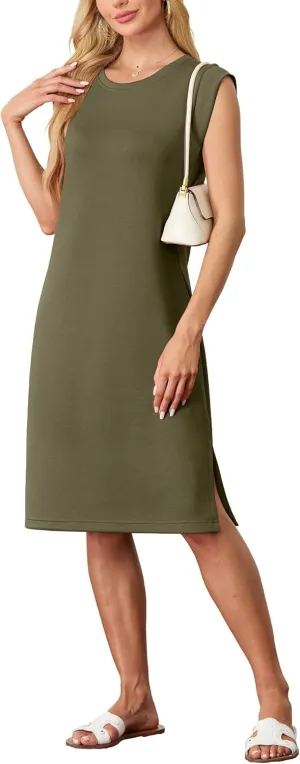 GRECERELLE 2025 Women Summer Round Neck Casual Loose Split Wrinkle-Free Midi Dress with Pockets (XS-3XL)