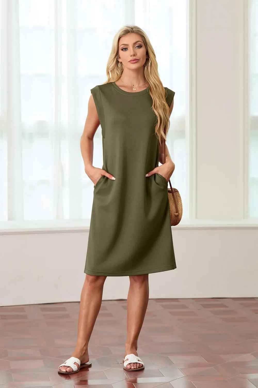 GRECERELLE 2025 Women Summer Round Neck Casual Loose Split Wrinkle-Free Midi Dress with Pockets (XS-3XL)