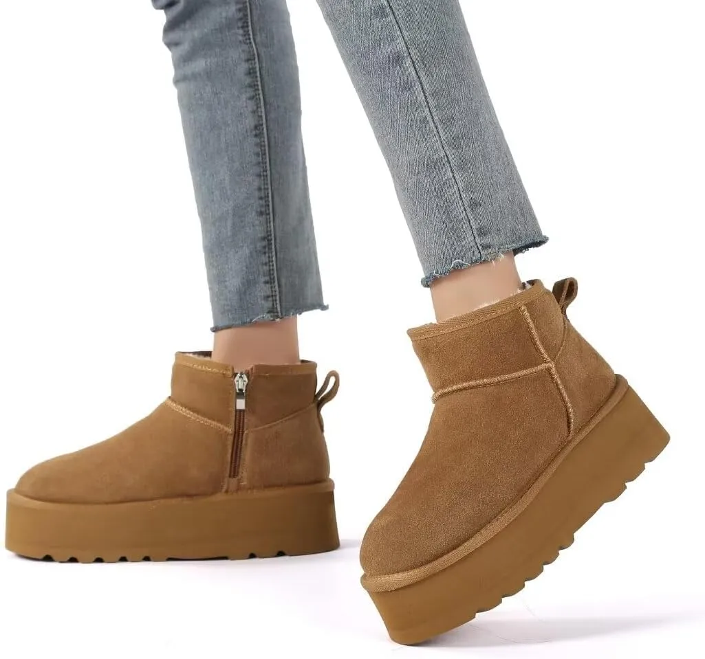 Haifago Suede Platform Mini Snow Boots for Women, Fur Lined Zip up Ankle Winter Booties, Womens Classic Short Boot, Botas Plataforma Para Mujer
