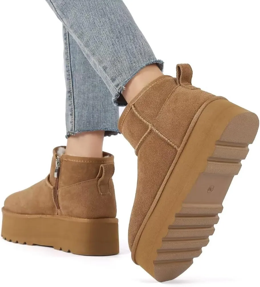 Haifago Suede Platform Mini Snow Boots for Women, Fur Lined Zip up Ankle Winter Booties, Womens Classic Short Boot, Botas Plataforma Para Mujer