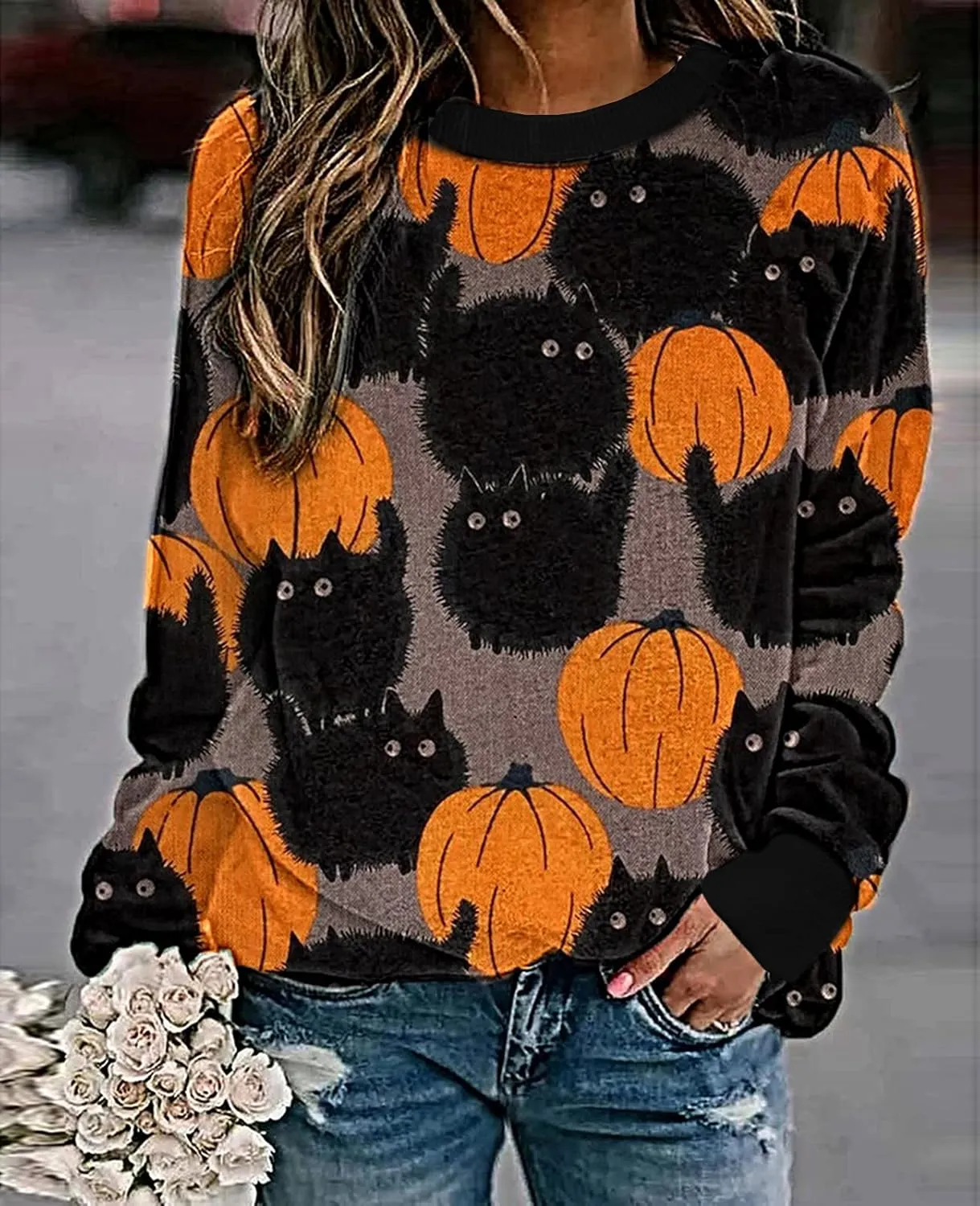 Halloween Pumpkin Sweatshirt Crewneck Pullover - Animal Cat Bat Print Casual Loose Long Sleeve Tops Shirts