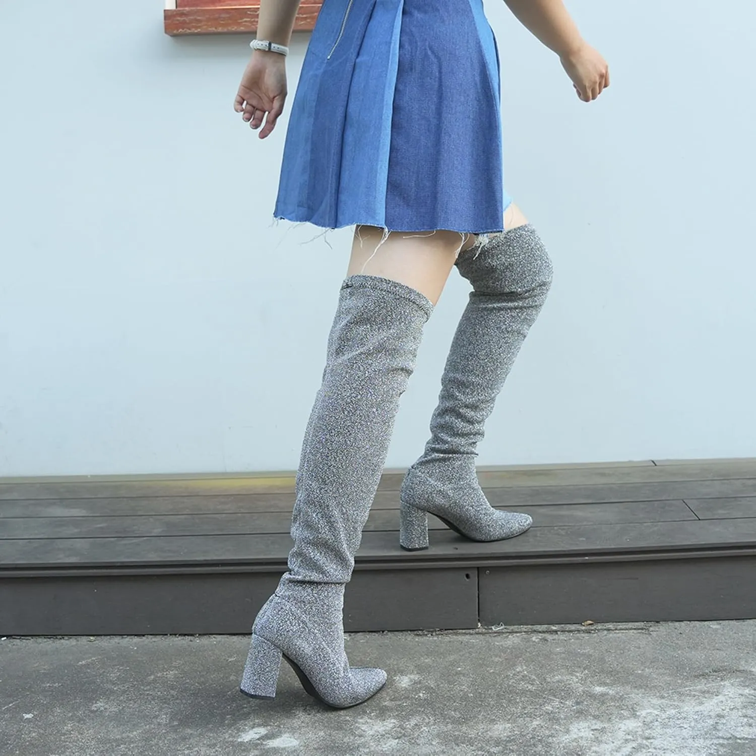 Hawkwell Women's Comfort Chunky Thigh High Boots Pointy-toe and High-heel Party Wedding Shiny Dressy Over The Knee Boots