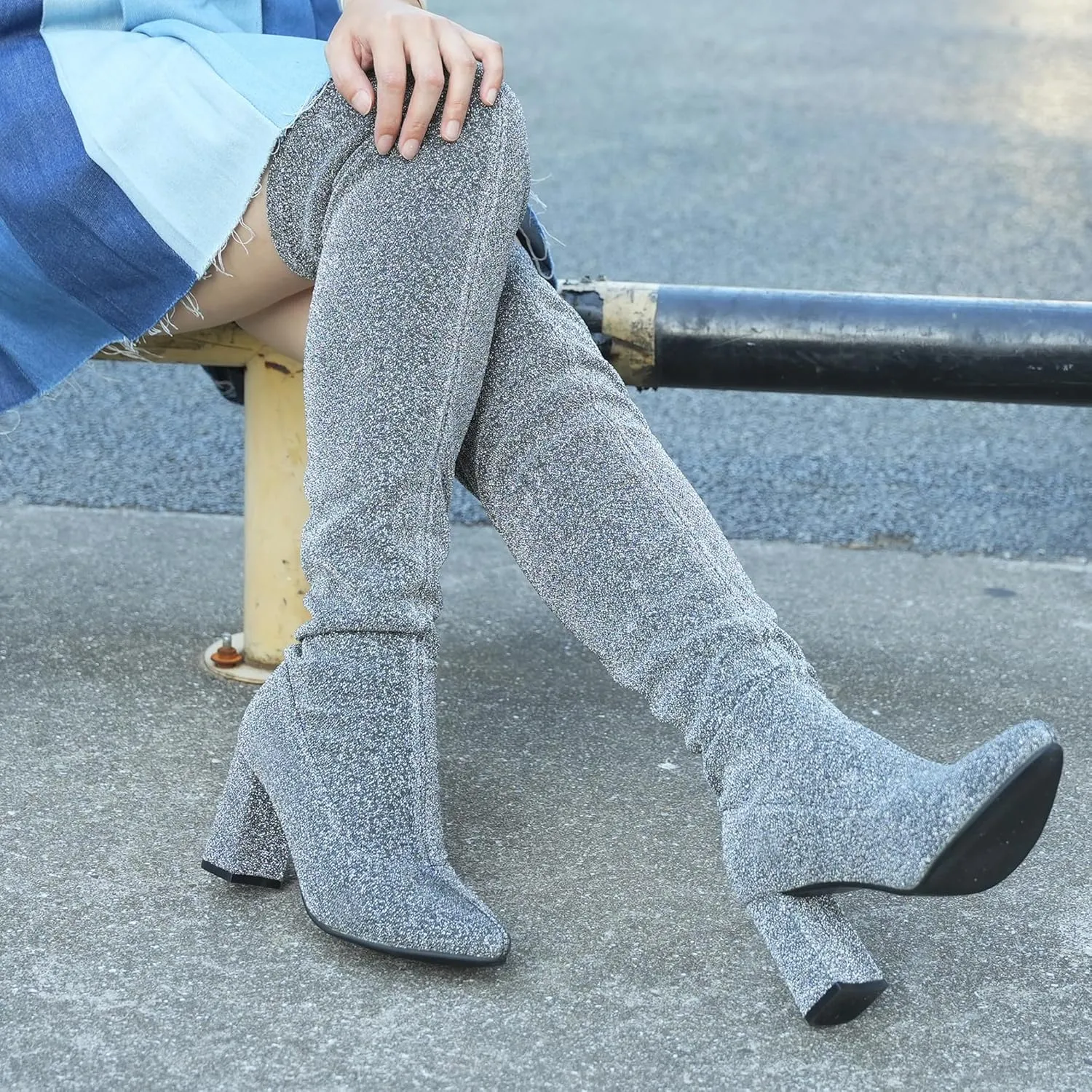 Hawkwell Women's Comfort Chunky Thigh High Boots Pointy-toe and High-heel Party Wedding Shiny Dressy Over The Knee Boots