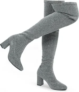 Hawkwell Women's Comfort Chunky Thigh High Boots Pointy-toe and High-heel Party Wedding Shiny Dressy Over The Knee Boots