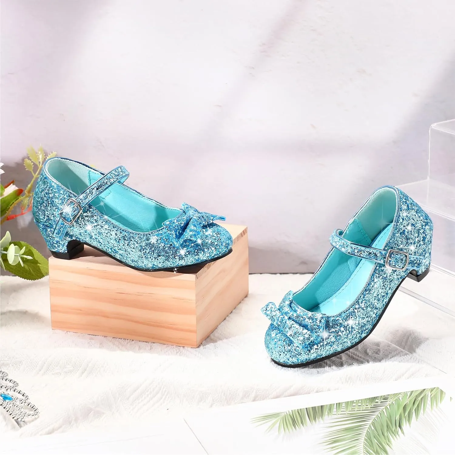 Haysandy Girls Glitter Dress Shoes Low Heel Princess Flats for Kids Toddler Flower Wedding Party Shoes with 2 Pairs Socks