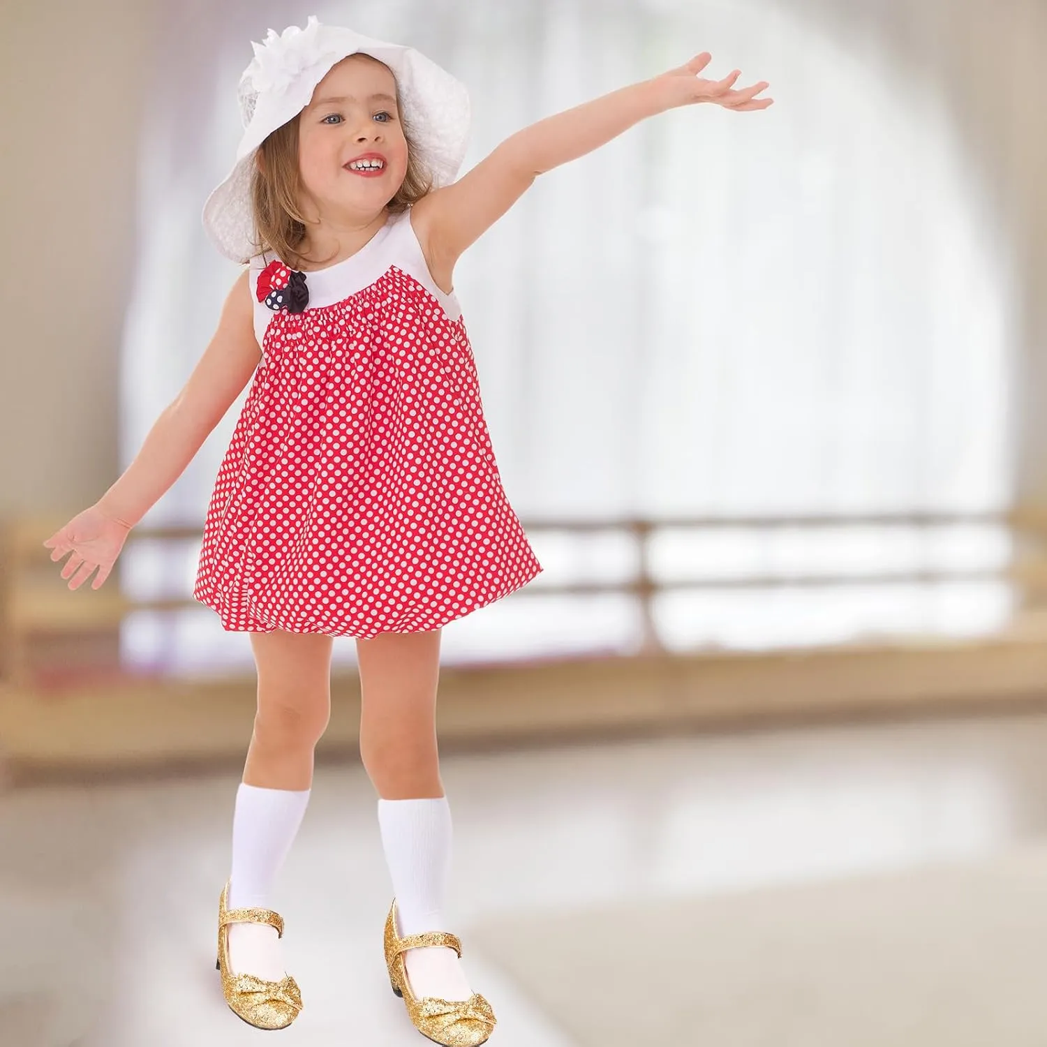 Haysandy Girls Glitter Dress Shoes Low Heel Princess Flats for Kids Toddler Flower Wedding Party Shoes with 2 Pairs Socks