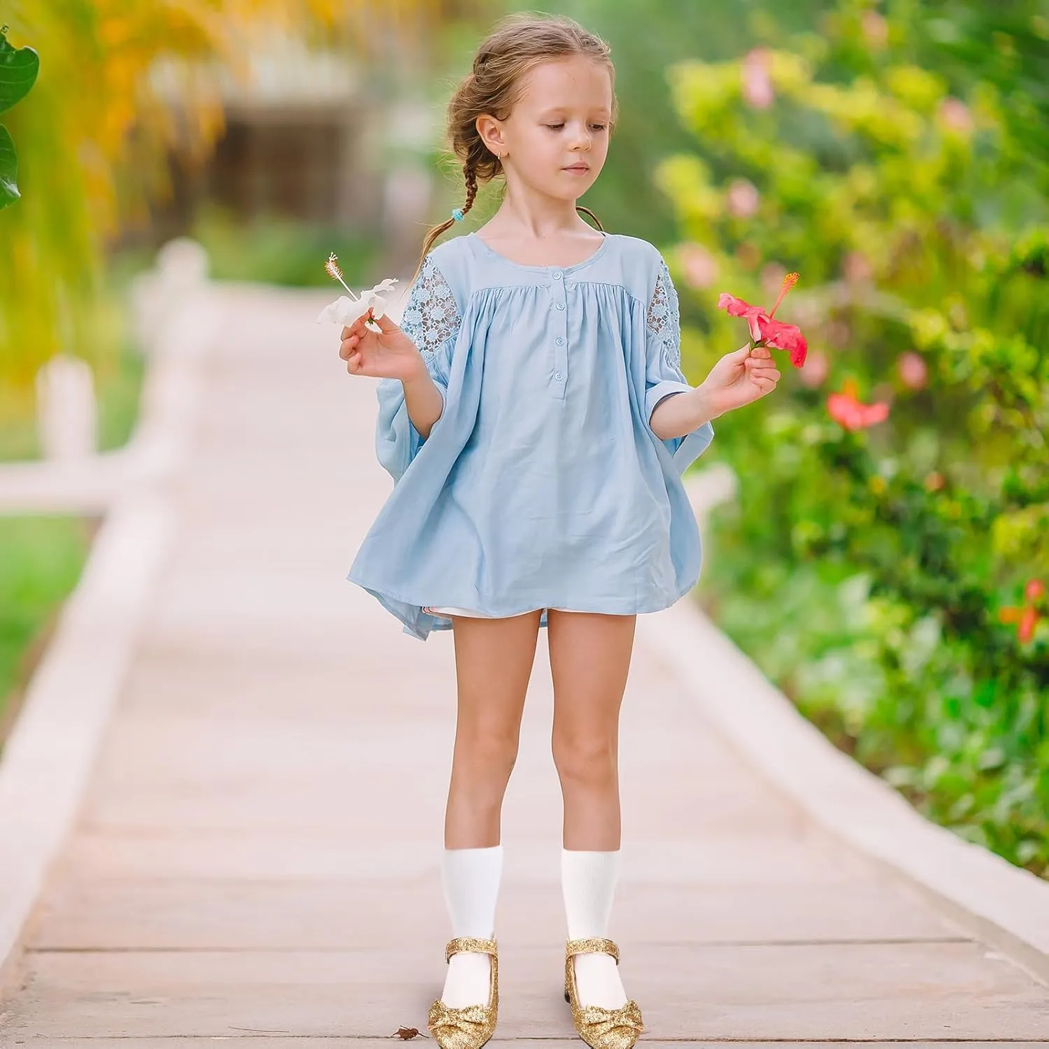 Haysandy Girls Glitter Dress Shoes Low Heel Princess Flats for Kids Toddler Flower Wedding Party Shoes with 2 Pairs Socks