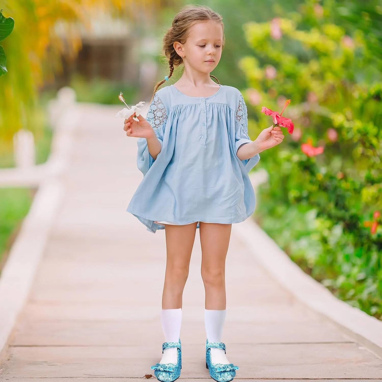 Haysandy Girls Glitter Dress Shoes Low Heel Princess Flats for Kids Toddler Flower Wedding Party Shoes with 2 Pairs Socks