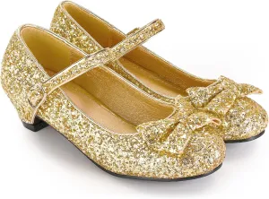 Haysandy Girls Glitter Dress Shoes Low Heel Princess Flats for Kids Toddler Flower Wedding Party Shoes with 2 Pairs Socks