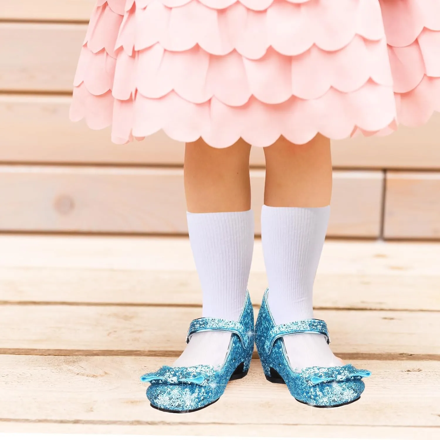 Haysandy Girls Glitter Dress Shoes Low Heel Princess Flats for Kids Toddler Flower Wedding Party Shoes with 2 Pairs Socks