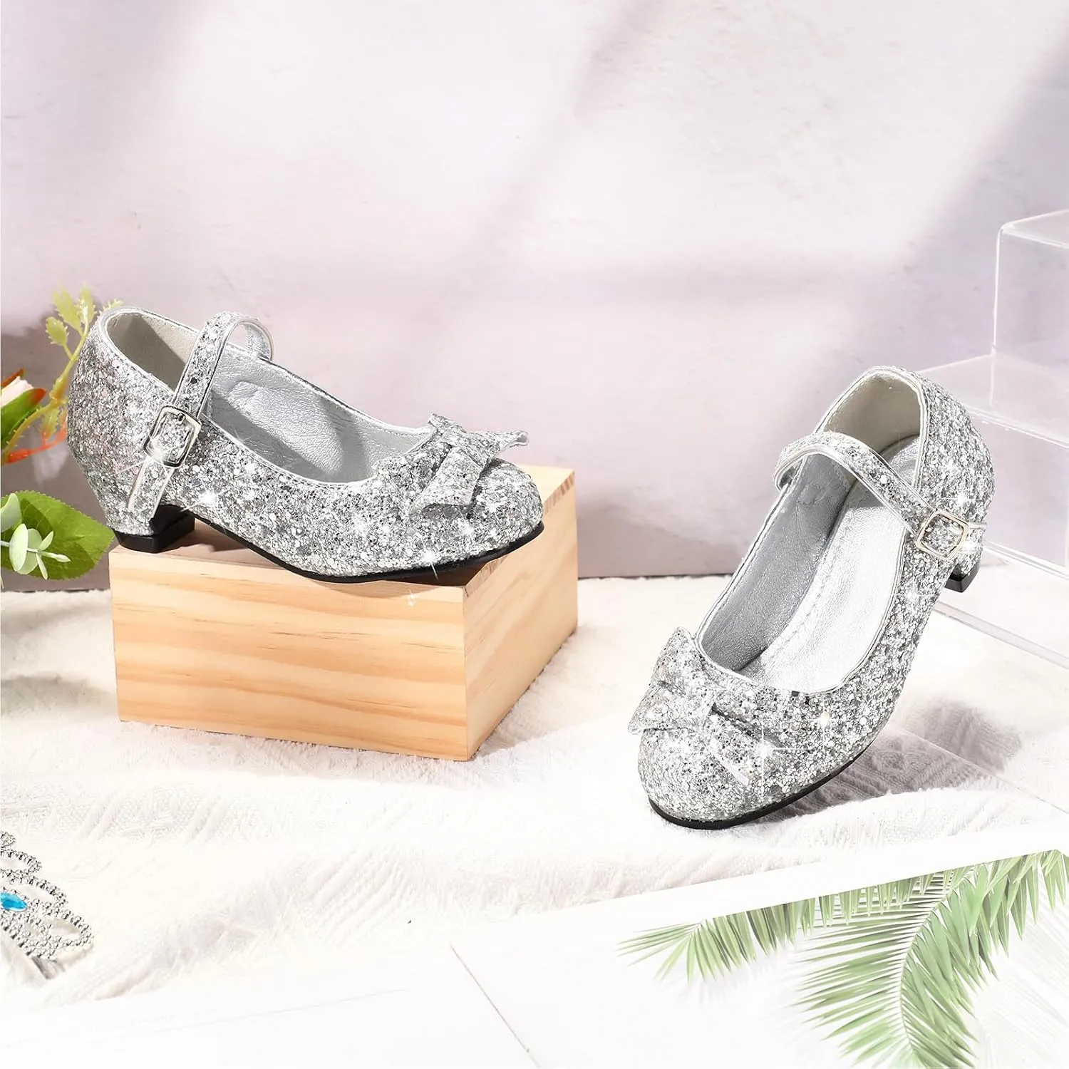 Haysandy Girls Glitter Dress Shoes Low Heel Princess Flats for Kids Toddler Flower Wedding Party Shoes with 2 Pairs Socks