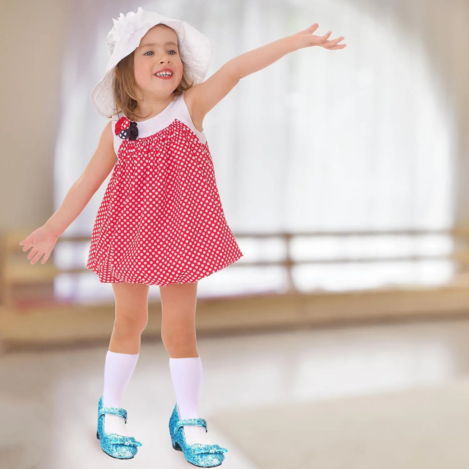 Haysandy Girls Glitter Dress Shoes Low Heel Princess Flats for Kids Toddler Flower Wedding Party Shoes with 2 Pairs Socks