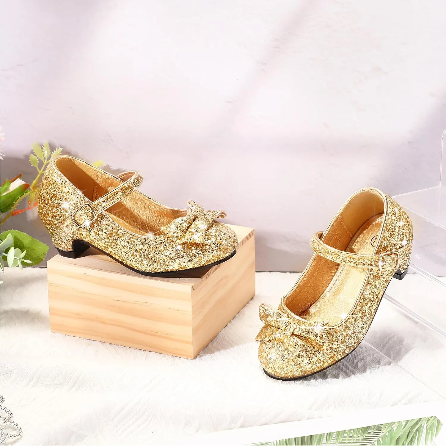 Haysandy Girls Glitter Dress Shoes Low Heel Princess Flats for Kids Toddler Flower Wedding Party Shoes with 2 Pairs Socks