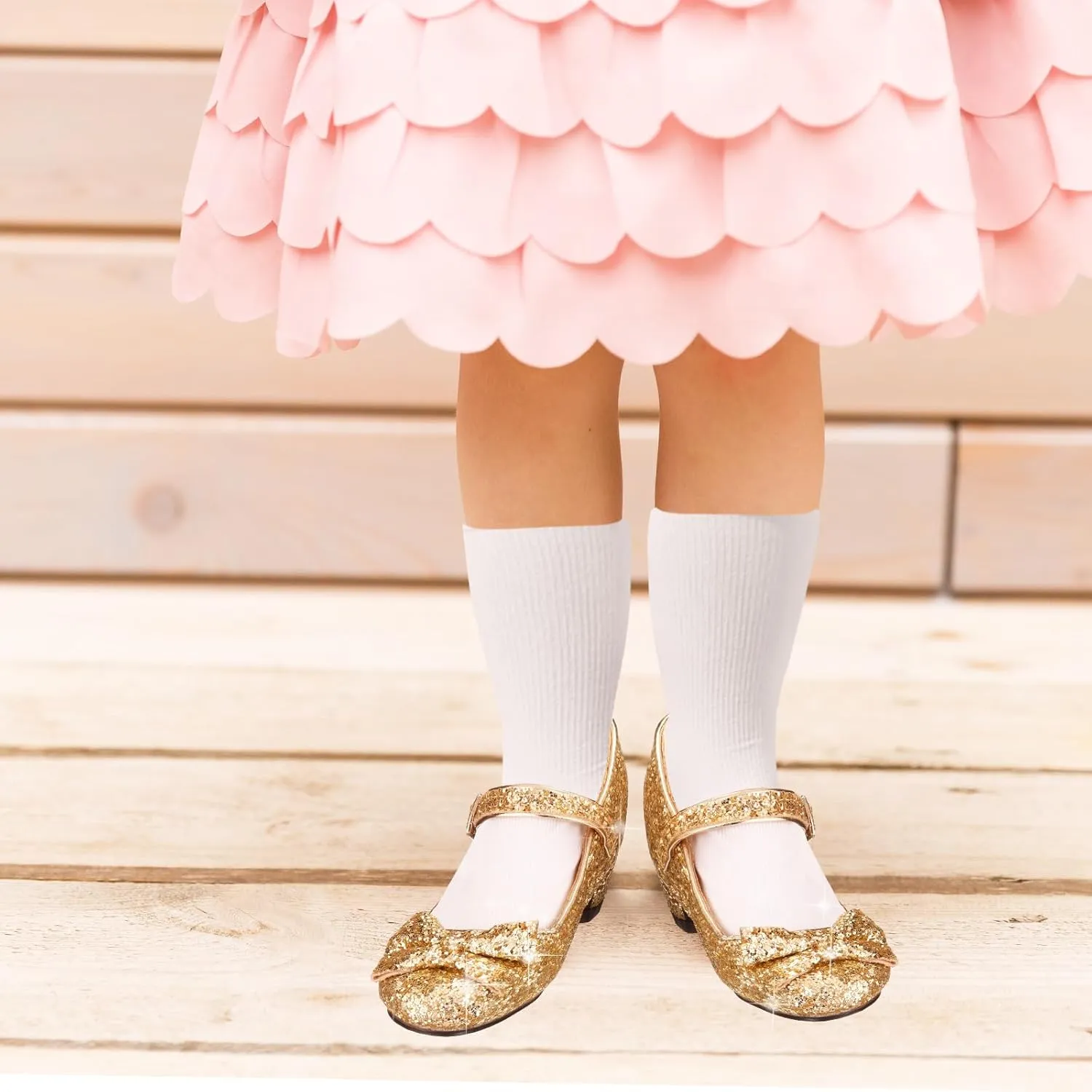 Haysandy Girls Glitter Dress Shoes Low Heel Princess Flats for Kids Toddler Flower Wedding Party Shoes with 2 Pairs Socks