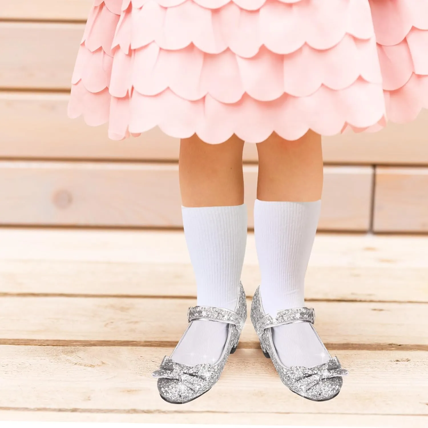 Haysandy Girls Glitter Dress Shoes Low Heel Princess Flats for Kids Toddler Flower Wedding Party Shoes with 2 Pairs Socks