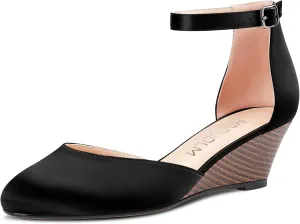 HDEUOLM Women Mid Heel Round Toe Sandals Ankle Strap Two-Piece Classic Cute Pumps Wedge Pumps 2.0 Inches Heels