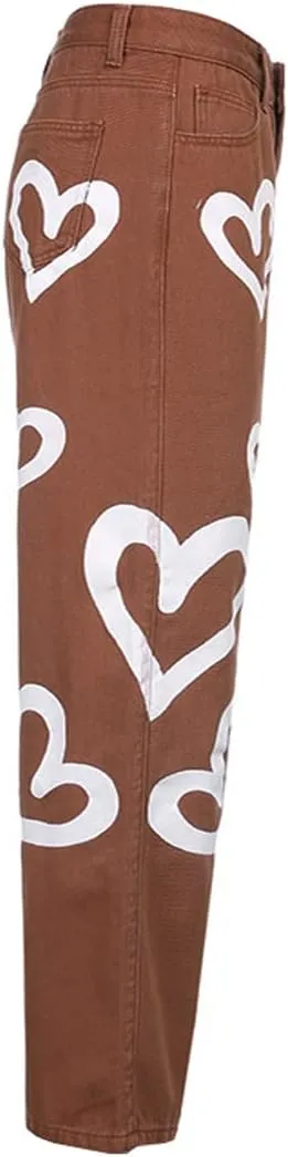 Heart Print Jeans for Women Fashion Wide Leg High Waist Denim Pants Boyfriend Jeans Loose Fit Vintage Jeans for Teen Girls