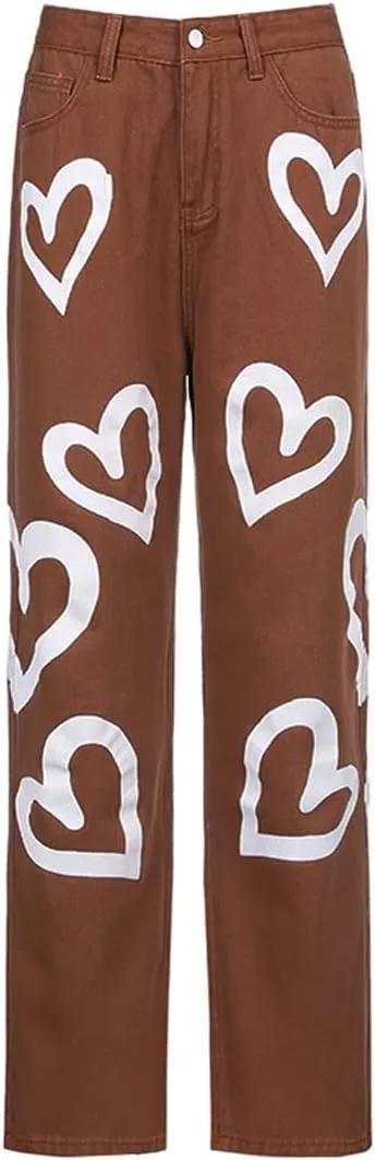 Heart Print Jeans for Women Fashion Wide Leg High Waist Denim Pants Boyfriend Jeans Loose Fit Vintage Jeans for Teen Girls