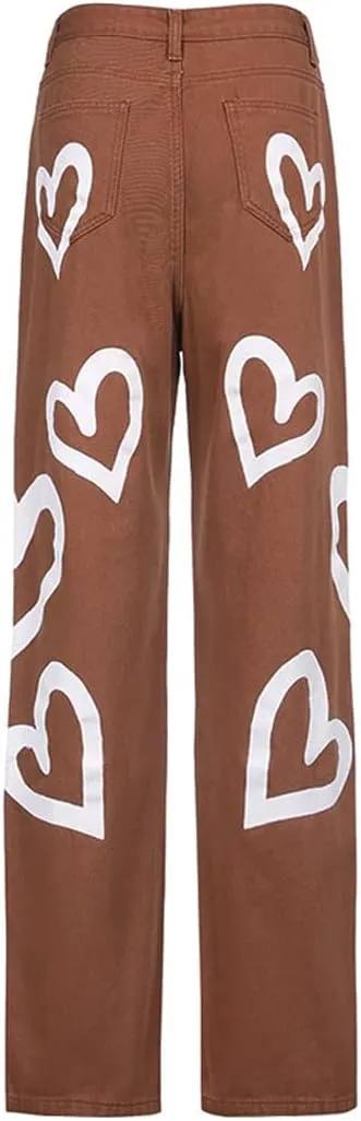 Heart Print Jeans for Women Fashion Wide Leg High Waist Denim Pants Boyfriend Jeans Loose Fit Vintage Jeans for Teen Girls