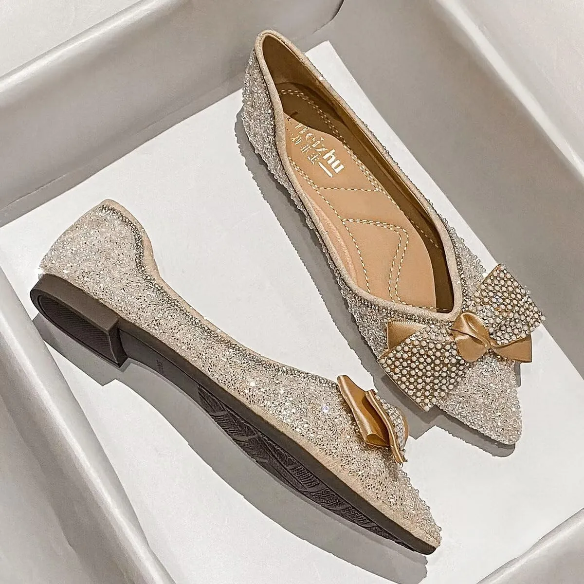 Hee grand Flats for Women Bowknot Mary Jane Shoes Square Toe Ankle Strap Ballet Flats Shiny Patent Leather Dress Shoes Comfortable Work Shoes