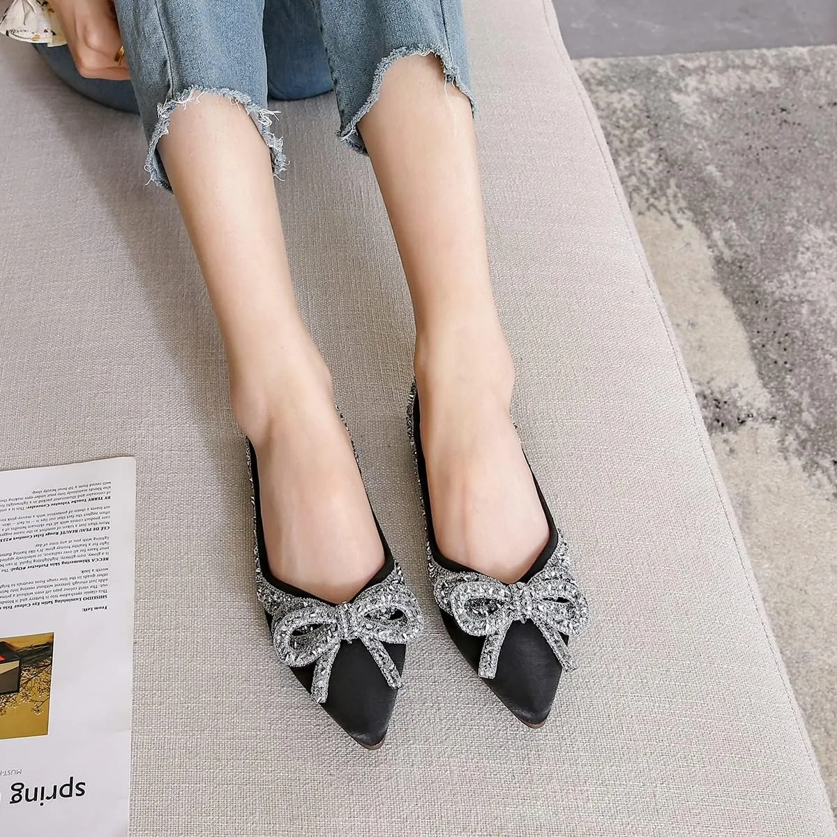 Hee grand Flats for Women Bowknot Mary Jane Shoes Square Toe Ankle Strap Ballet Flats Shiny Patent Leather Dress Shoes Comfortable Work Shoes