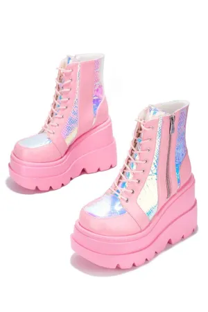 HINDOLA Holographic Platform Fashion Multicolor Wedge Ankle Booties Women Round Toe Lace up Zip High Heel Combat Boots