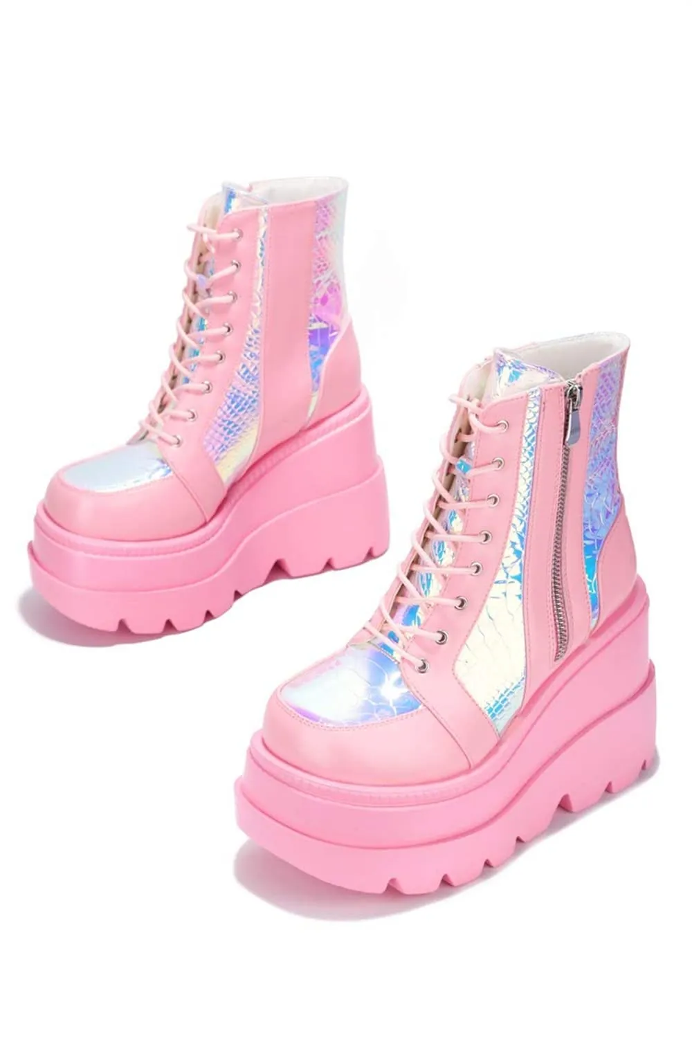 HINDOLA Holographic Platform Fashion Multicolor Wedge Ankle Booties Women Round Toe Lace up Zip High Heel Combat Boots