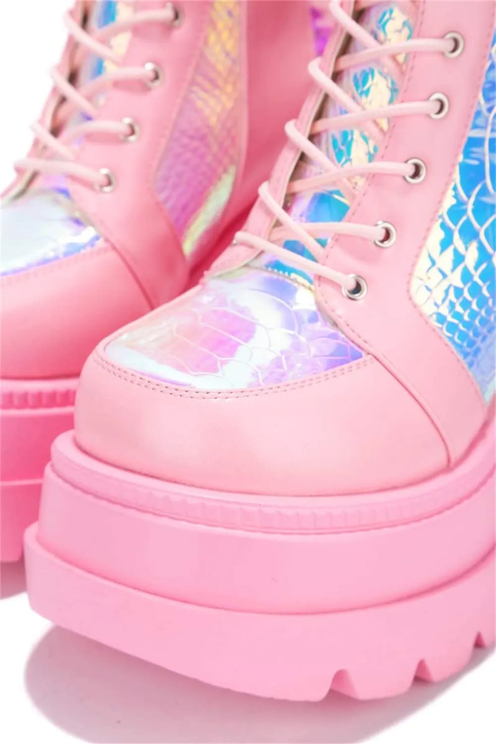 HINDOLA Holographic Platform Fashion Multicolor Wedge Ankle Booties Women Round Toe Lace up Zip High Heel Combat Boots
