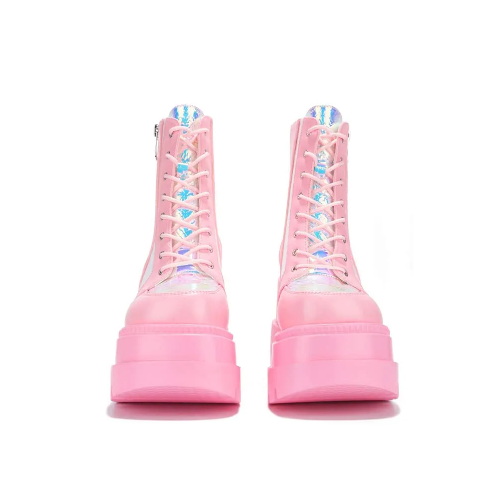 HINDOLA Holographic Platform Fashion Multicolor Wedge Ankle Booties Women Round Toe Lace up Zip High Heel Combat Boots