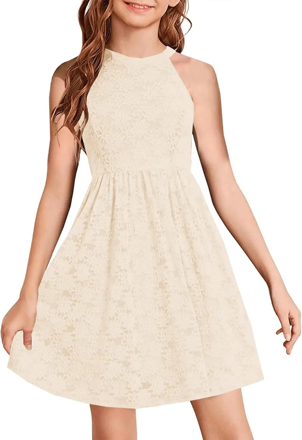 HOSIKA Girls Halter Neck Sleeveless Elegant Floral Lace A-line Flared Swing Party Dress for 6-12 Years Kid